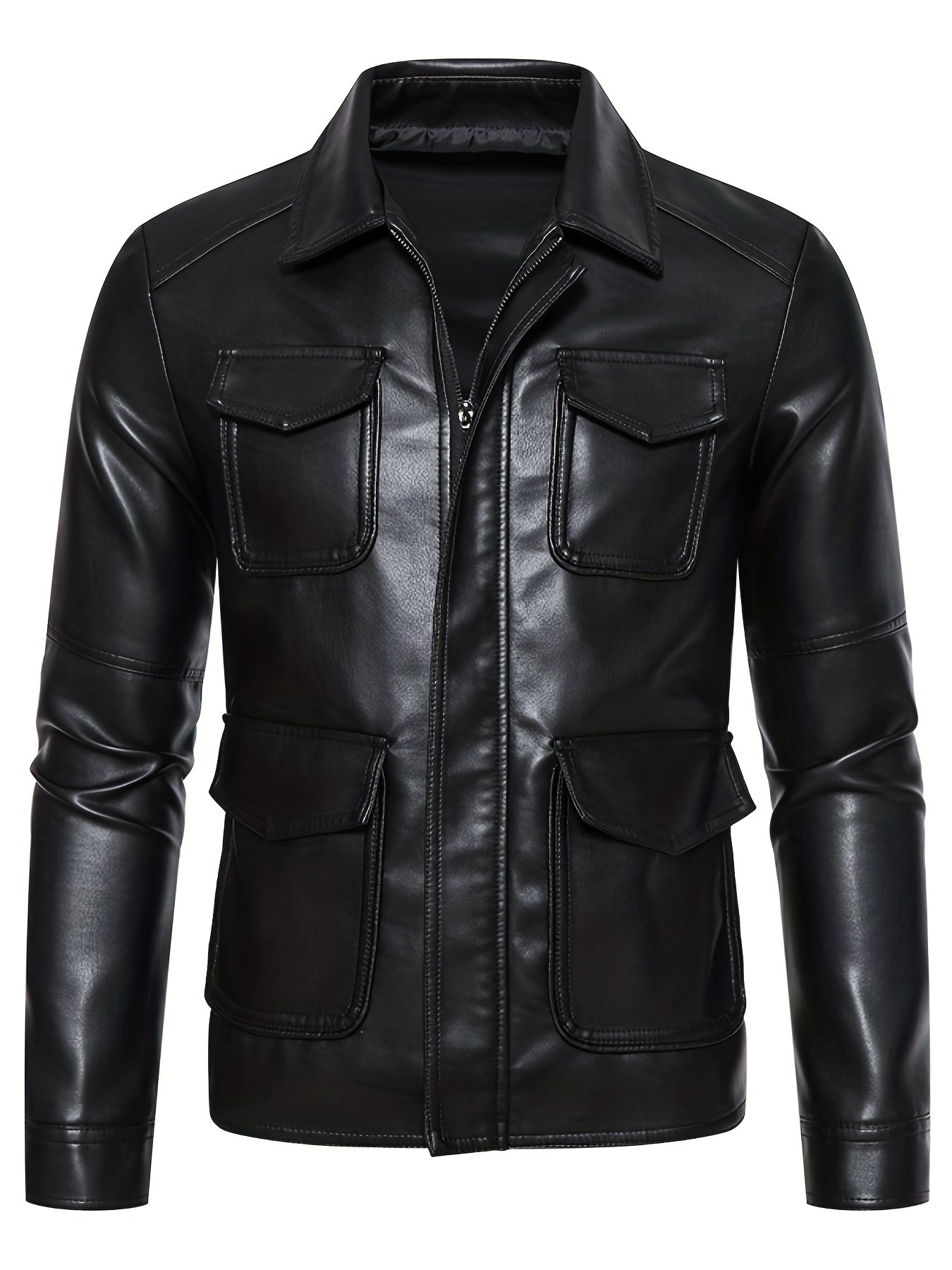 Men's Flap Pockets PU Biker Jacket