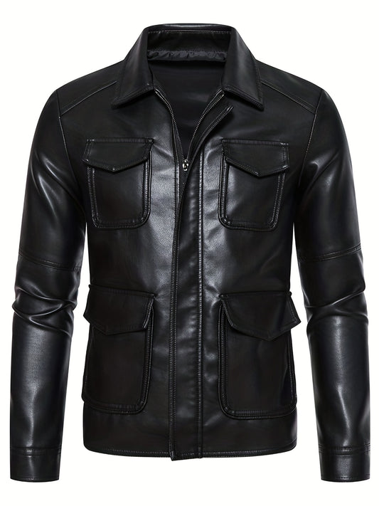 Men's Flap Pockets PU Biker Jacket