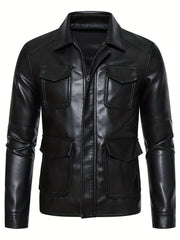 Men's Flap Pockets PU Biker Jacket