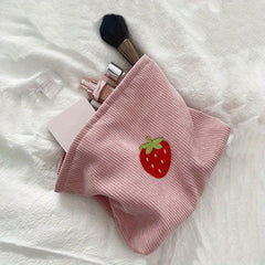 Large Capacity Strawberry Pattern Corduroy Cosmetic Bag