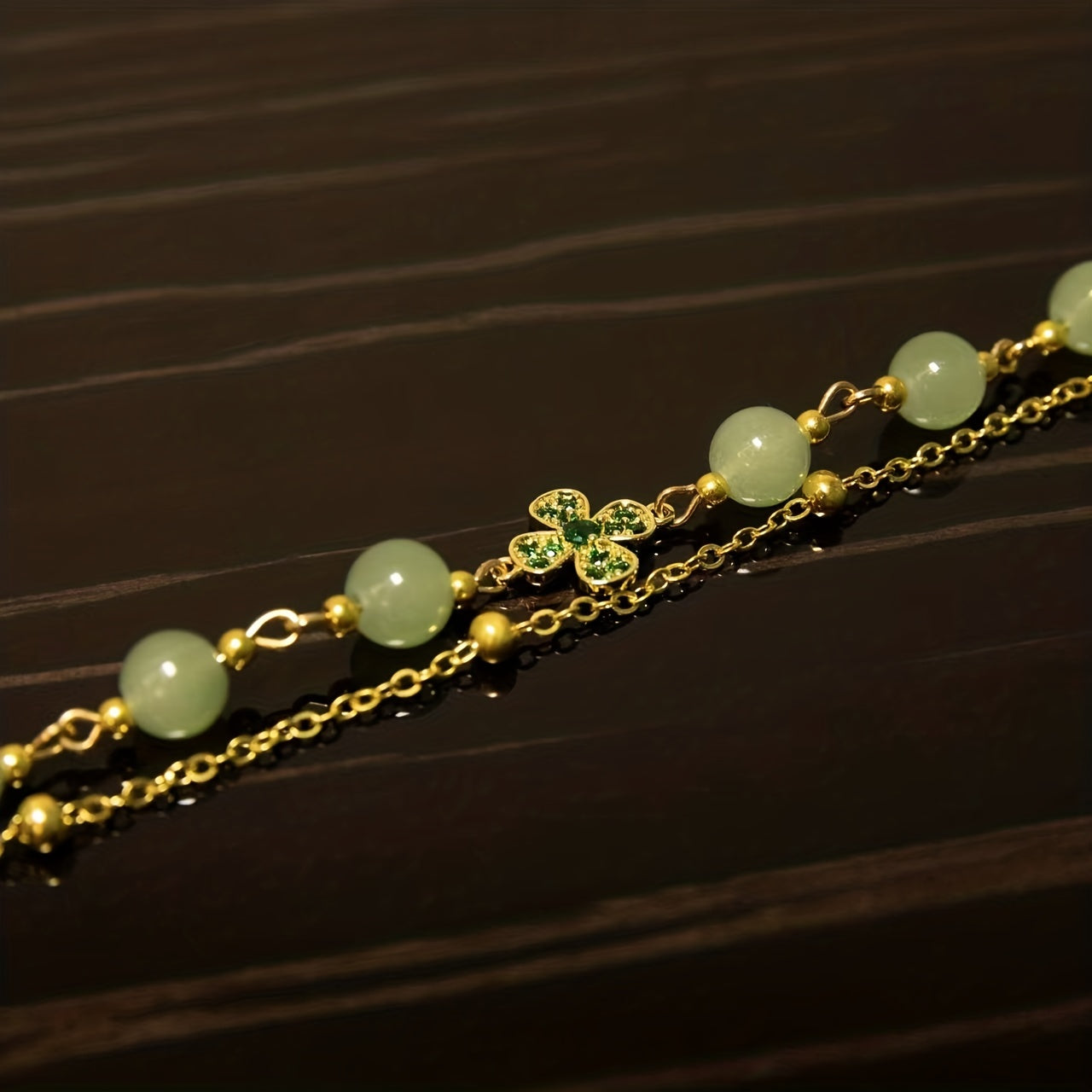 Green Bead Four Leaf Clover Bracelet - Great Gift for her on Mother's Day