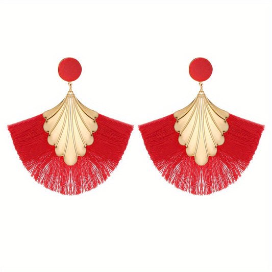 Fan Shape Tassel Retro Boho Dangle Earrings Alloy 18K Plated