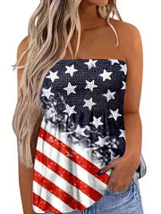 American Flag Print Tube Top Smocked Sleeveless Casual Top