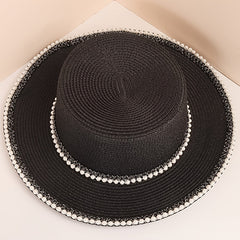 Faux Pearl Decor Sun Hat Flat Top Jazz Fedora Cap Women