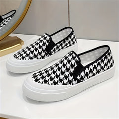 Women's Houndstooth Flat Loafers Slip On Low Top Canvas Shoes
