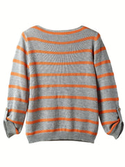 Striped Boat Neck Pullover Sweater Vintage Long Sleeve Pocket Loose Sweater