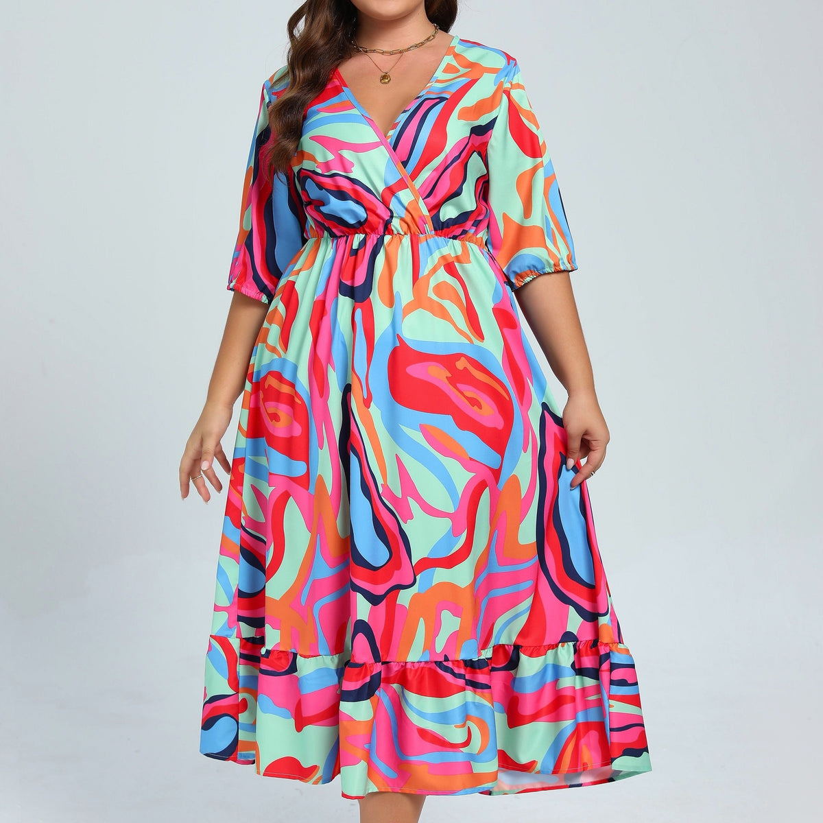 Abstract Print Maxi Dress with Ruffle Trim
