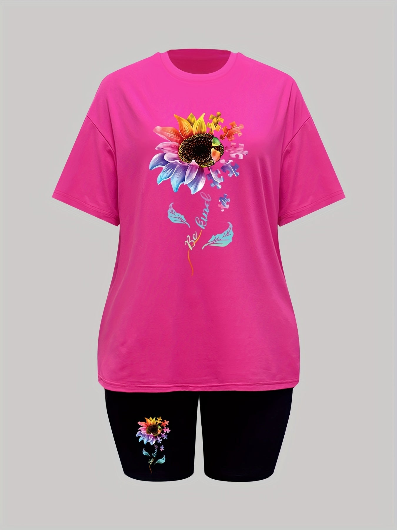 Floral Print Casual Two piece Set Crew Neck Short Sleeve T shirt & Slim Shorts