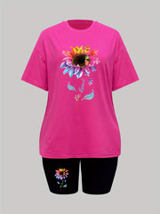 Floral Print Casual Two piece Set Crew Neck Short Sleeve T shirt & Slim Shorts