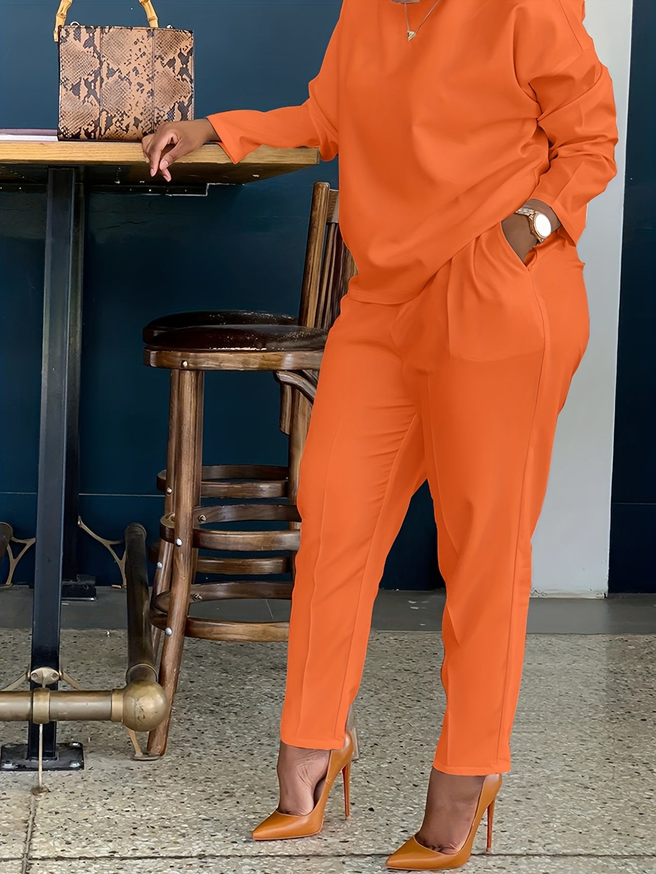 Casual 2-Piece Set Crew Neck Long Sleeve Top & Wide Leg Pants Outfit