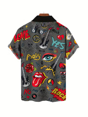 Men's Retro Guitar & Rose Print Camp Collar Shirt