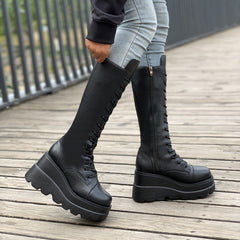 Women's Platform Wedge Heeled Mid Calf Boots Lace Up Punk Style