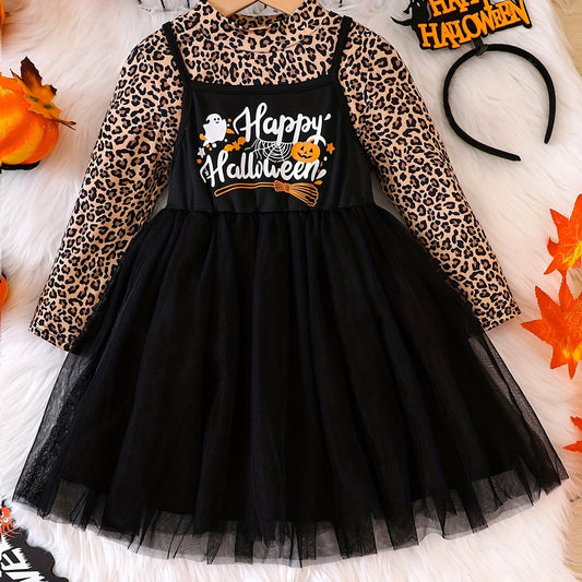 Girl's Mesh Sundress & Leopard Pattern Top Set