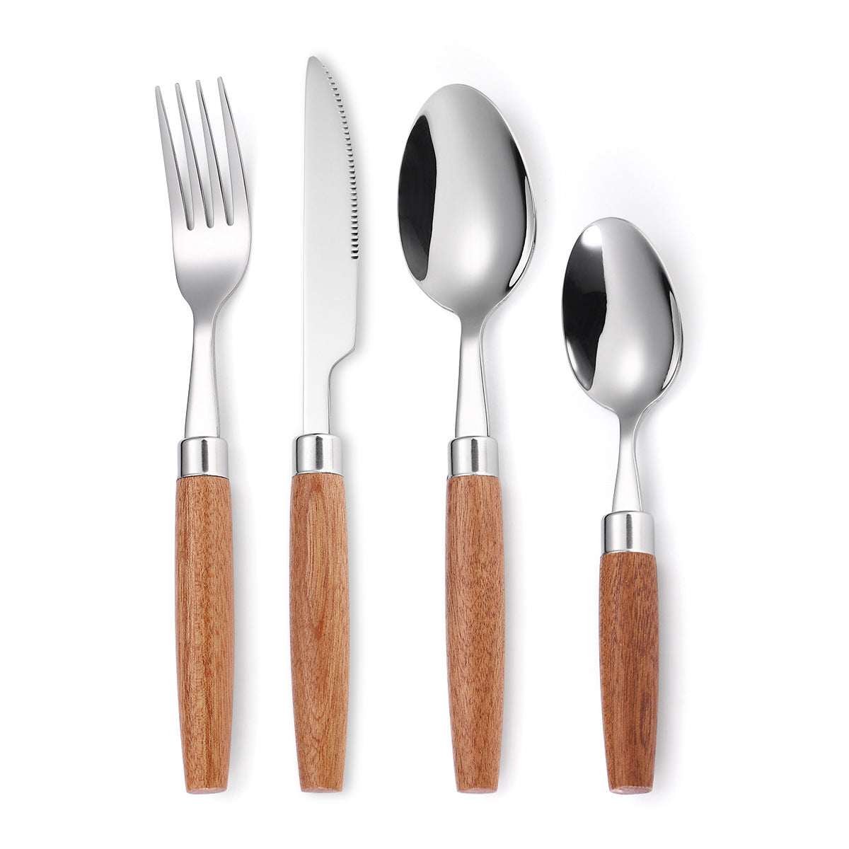Stainless Steel Tableware Set with Wooden Handles - Durable Dinnerware
