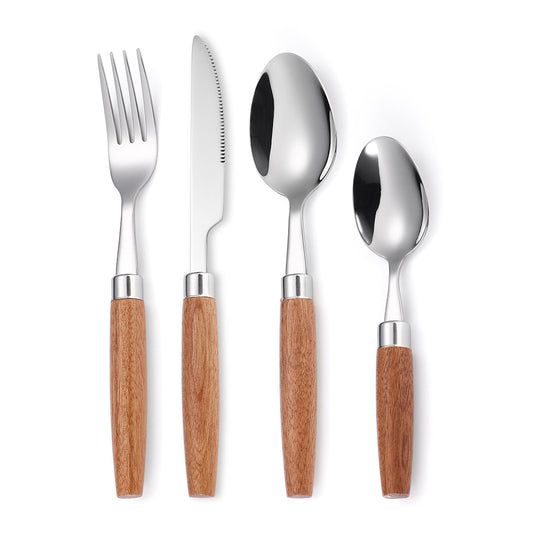 Stainless Steel Tableware Set with Wooden Handles - Durable Dinnerware