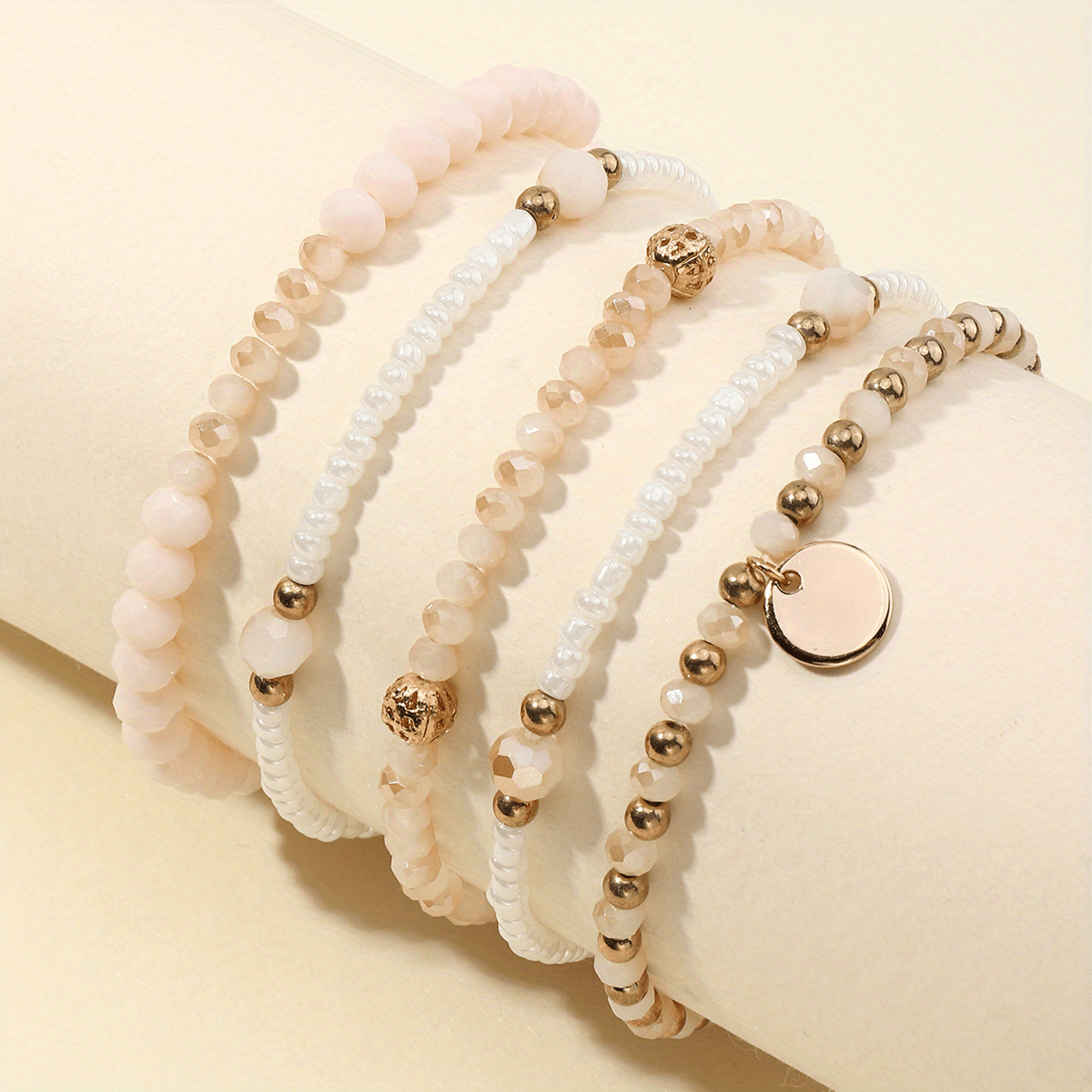 Flat Round Pendant Beaded Bracelet Set 5 Pcs