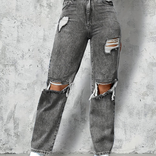Grey Ripped Holes Straight Jeans Distressed Loose Fit Slash Pockets Denim Pants