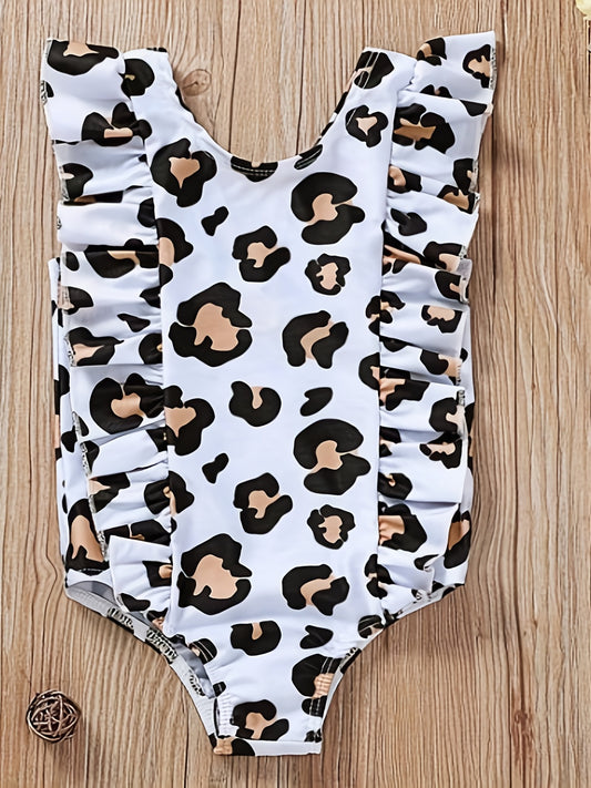 Leopard Print Ruffle Trim Swimsuit for Baby Girls