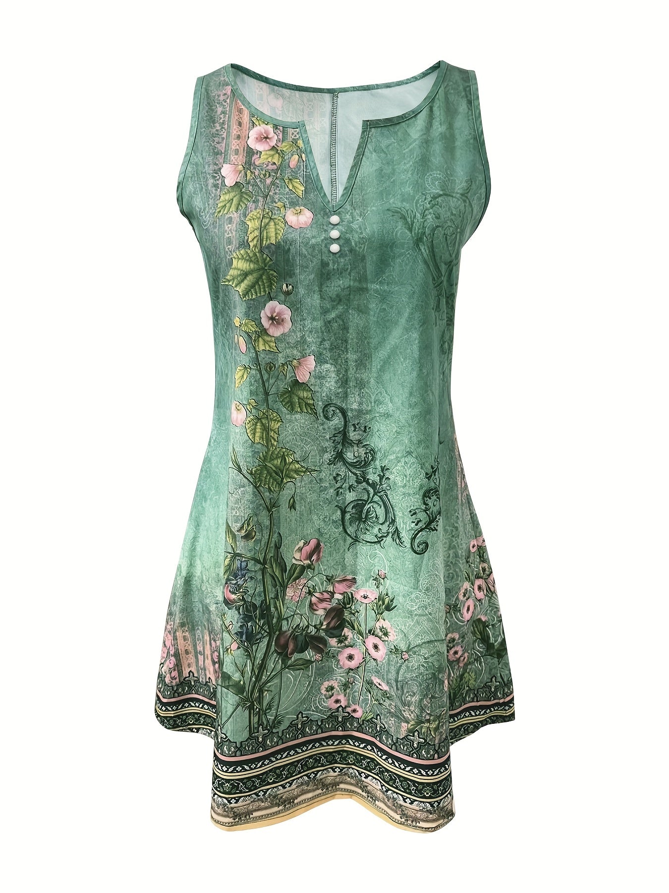 Floral Print Notched Neck Dress Vintage Sleeveless Dress For Summer