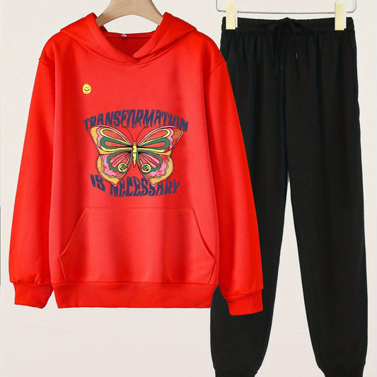 2pcs Butterfly Print Girls Hoodie & Sweatpants Set