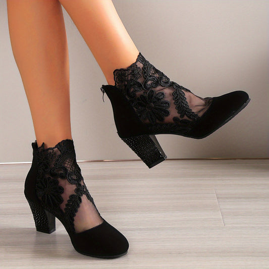 Women's Mesh Block Heel Boots Embroidered Back Zip Ankle Boots