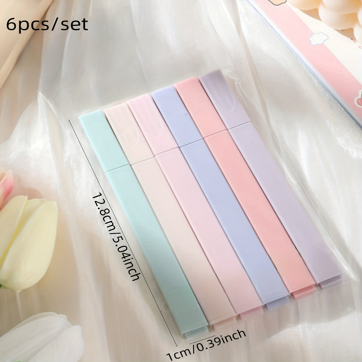 6pcs Soft Tip Highlighters Set Curved Shape for Note taking Drawing