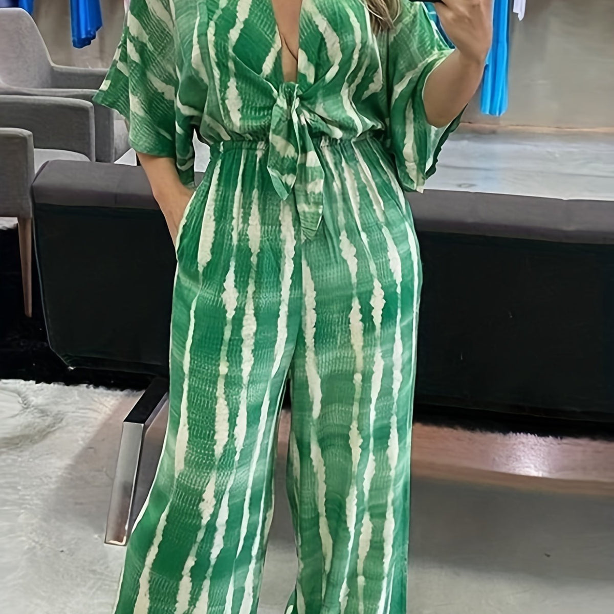 Abstract Print Bow Tie Jumpsuit Short Sleeve Wide Leg