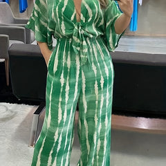Abstract Print Bow Tie Jumpsuit Short Sleeve Wide Leg