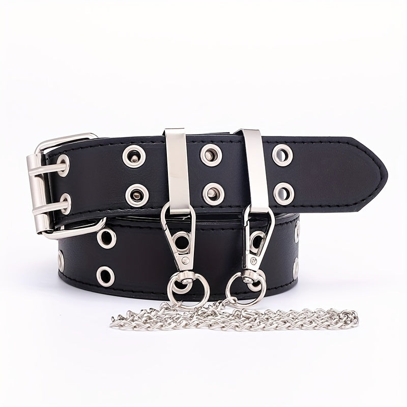 Punk Double Eyelet PU Belt with Chain Charm for Jeans
