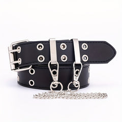 Punk Double Eyelet PU Belt with Chain Charm for Jeans