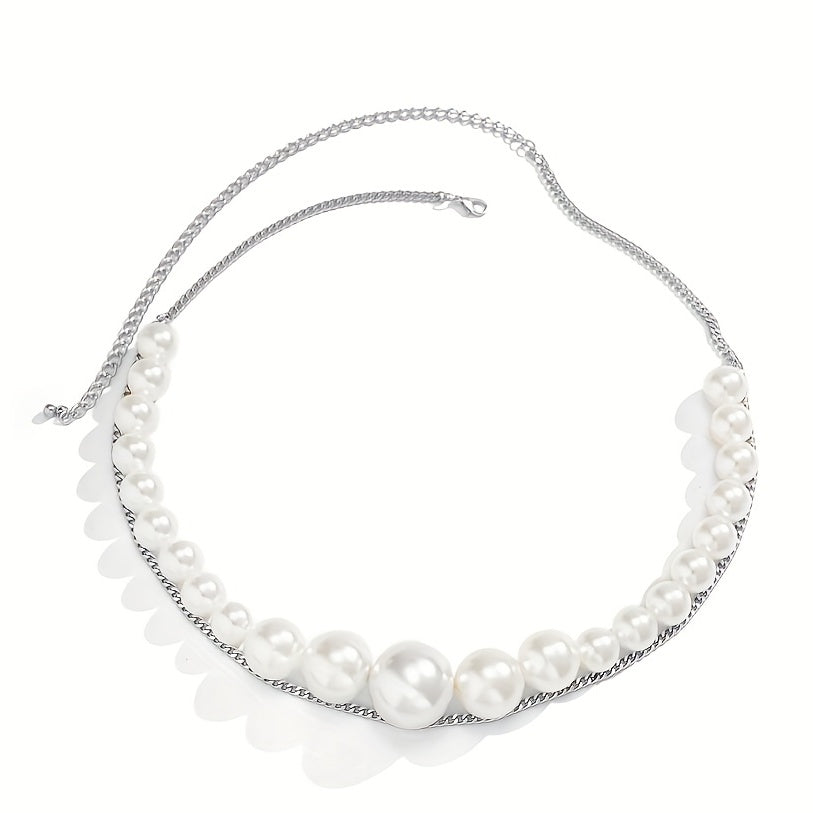 Faux Pearl Waist Chain Double Layer Metal Chain Belt Decorative Dress Girdle