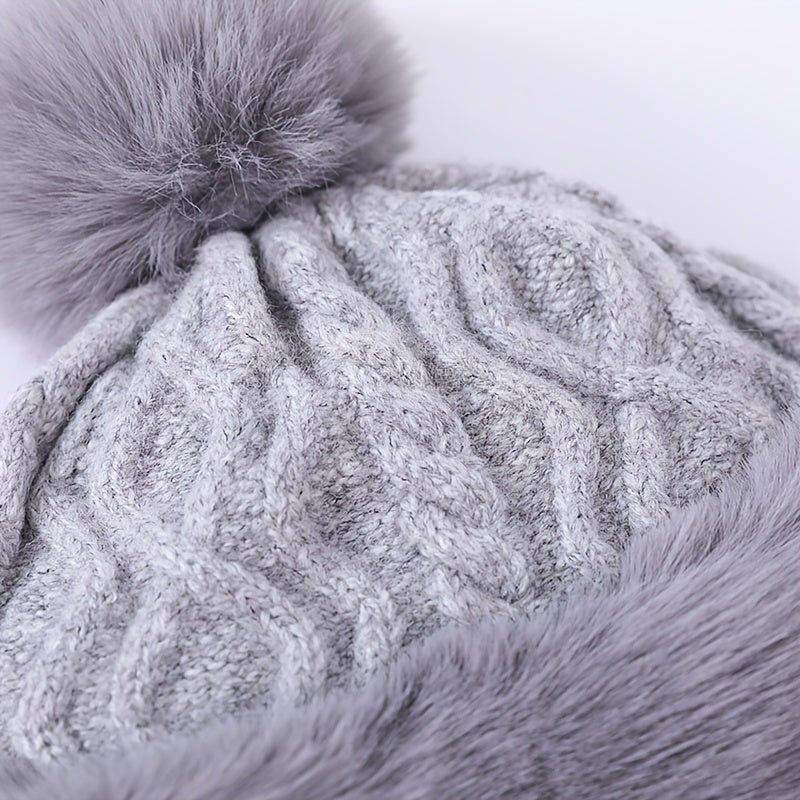 Fur Beanie Hat With Pom Pom Fuzzy Trapper Hat Ears Warm Knit Cap