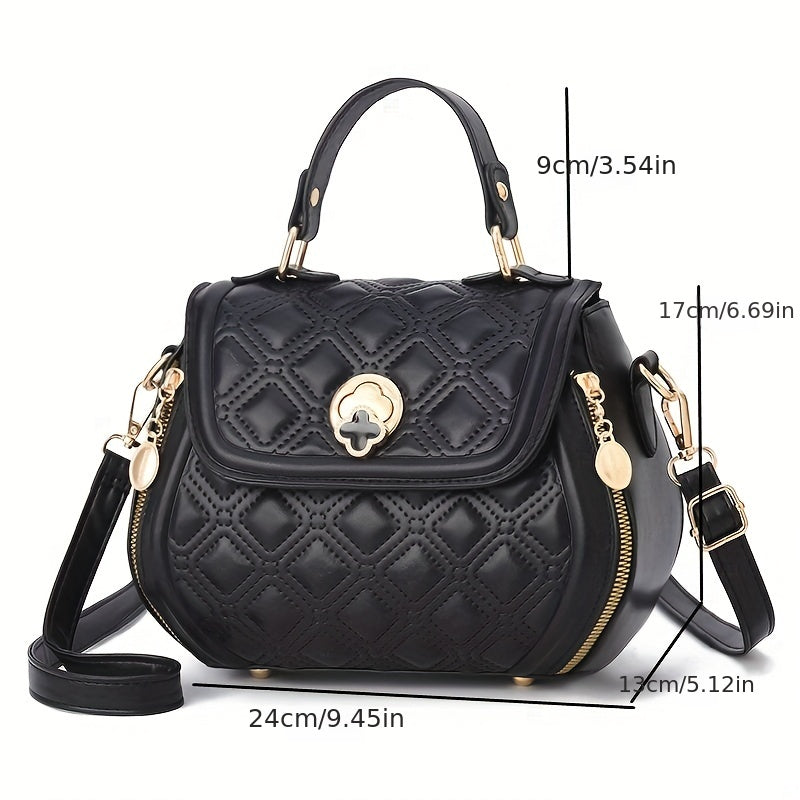 Argyle Embroidered Crossbody Bag Metal Decor Flap Purse