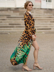  Boho Cover Up Women's Plus Leopard & Floral Print Belted Wrap