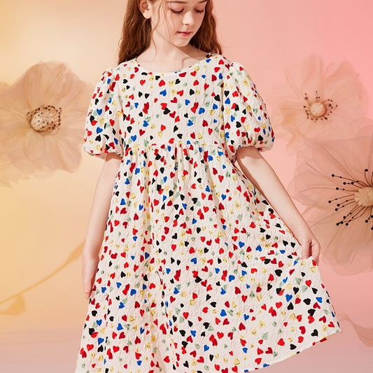 Girls Heart Print Floral Princess Dress