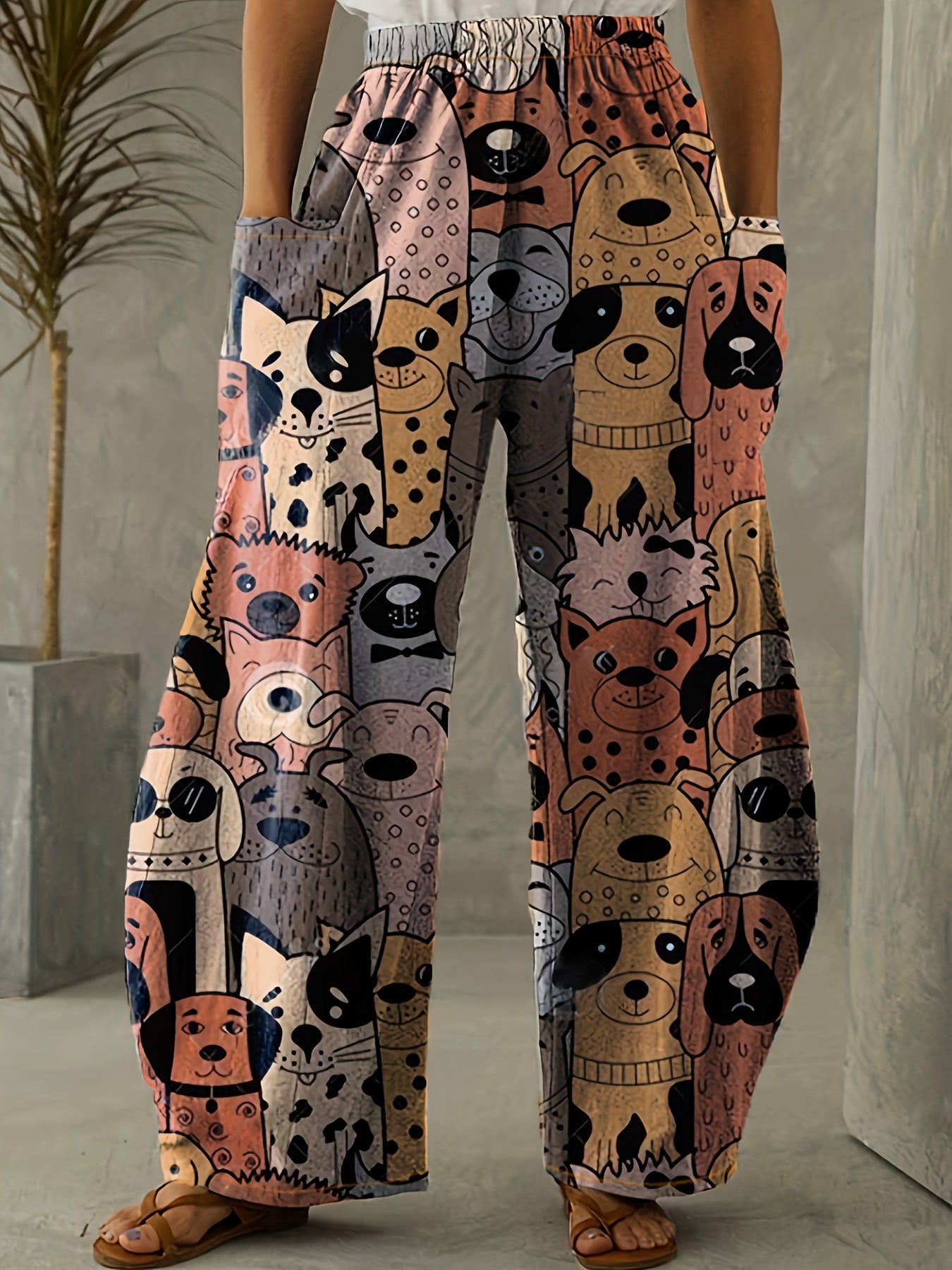  Dog Print Wide Leg Pants With Pockets