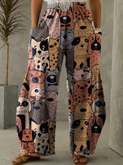  Dog Print Wide Leg Pants With Pockets
