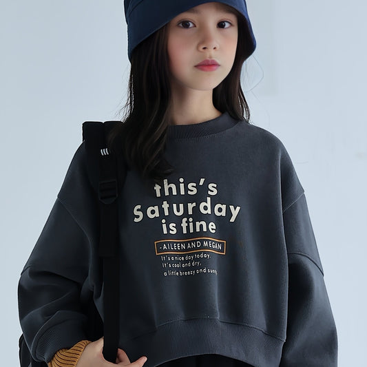 Girls 95 Cotton Thick THIS SATURDAY IS FINE Print Long Sleeve Sweatshirt Tops
