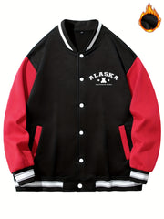 Men's Teddy Bear Print Jacket with Baseball Collar and Pocket