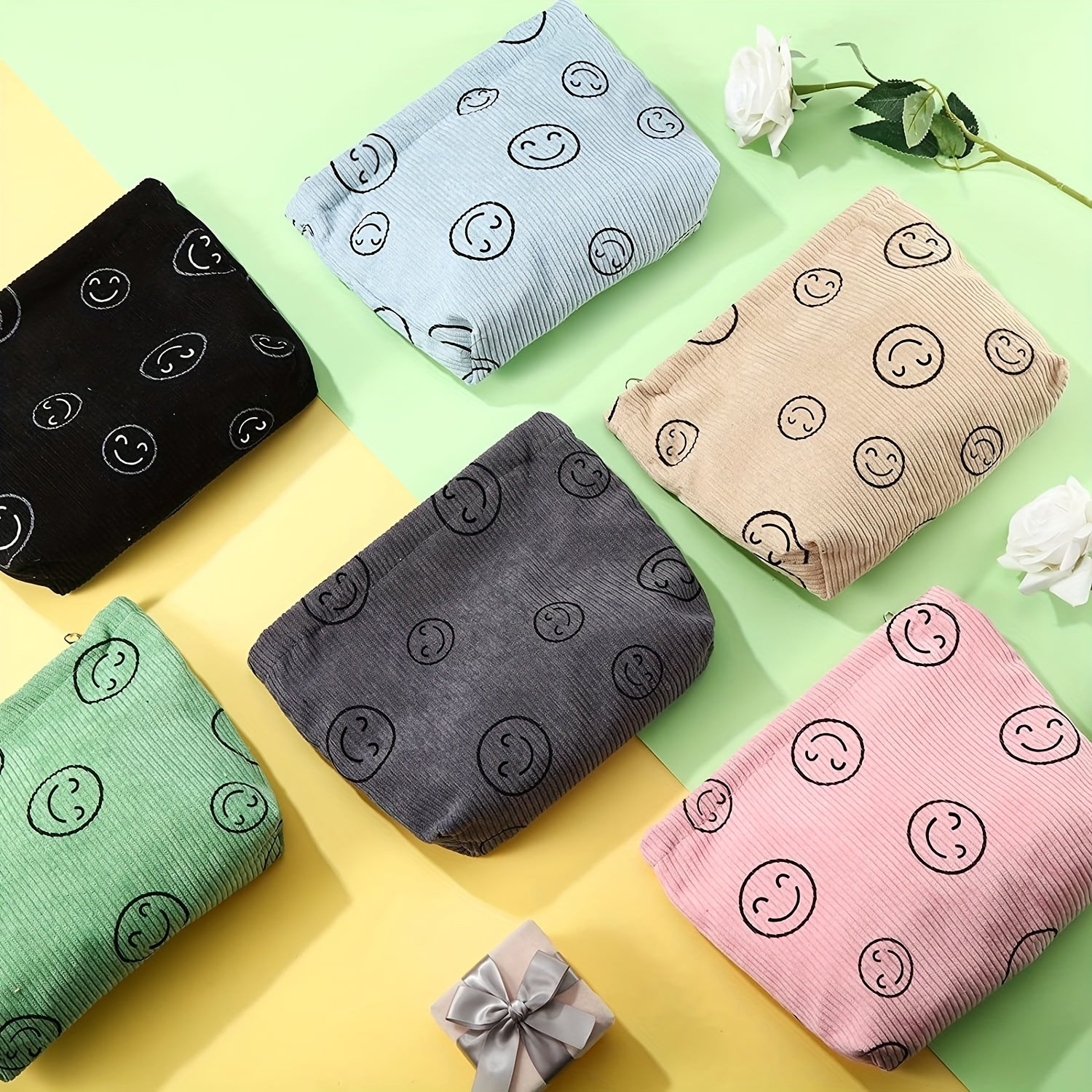 Smile Face Cosmetic Bag Corduroy Large Capacity Makeup Bags For Women