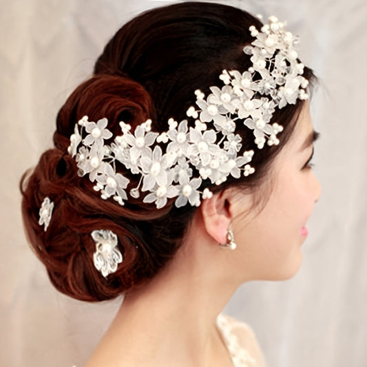 Hand Wired Pearls Crystal Flowers Headband Wedding Tiara