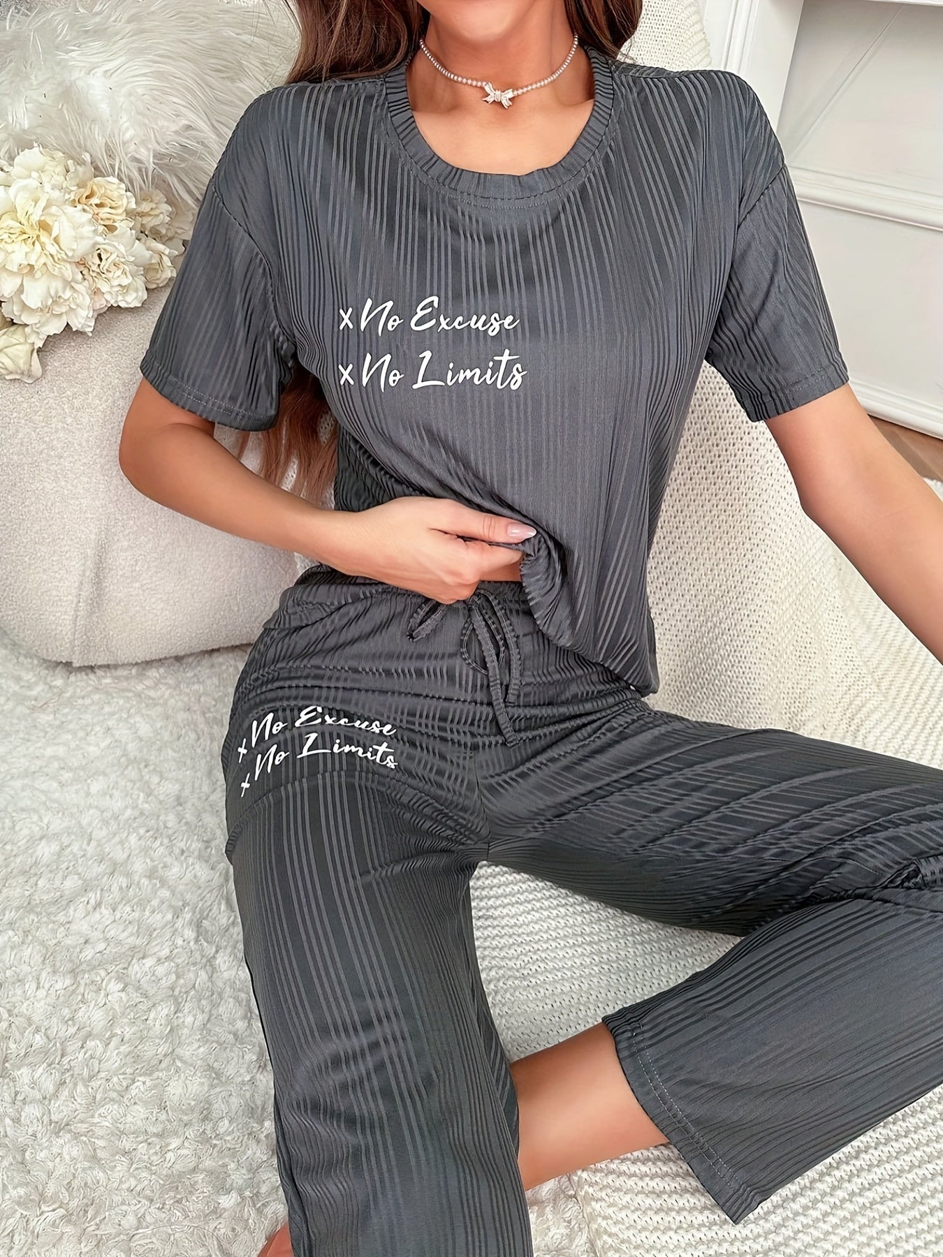 Letter Print Pajama Set Casual Short Sleeve Crew Neck Top & Lace Up Pants