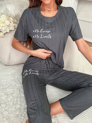 Letter Print Pajama Set Casual Short Sleeve Crew Neck Top & Lace Up Pants