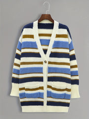  Casual Cardigan Women's Plus Stripe Print Button Up Long Sleeve