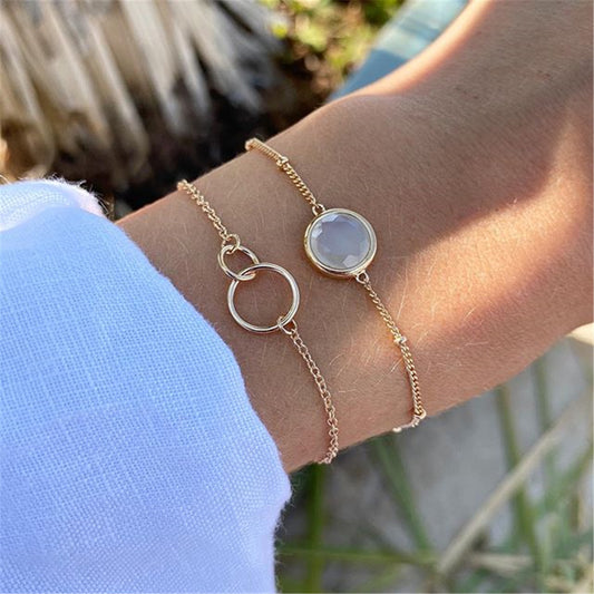 Dainty Chain Bracelet Geometric Double Circle Adjustable Hand Chain Set