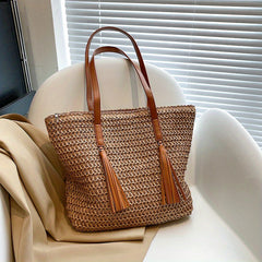 Colorblock Straw Tote Bag Woven Shoulder Bag With Tassel Decor