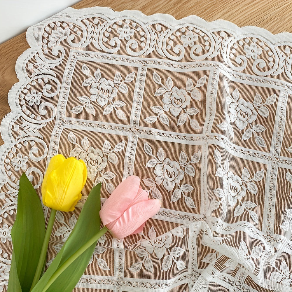Bright Silk Tablecloth with Beige Lace Accents - Small Dining Table Cover