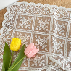 Bright Silk Tablecloth with Beige Lace Accents - Small Dining Table Cover