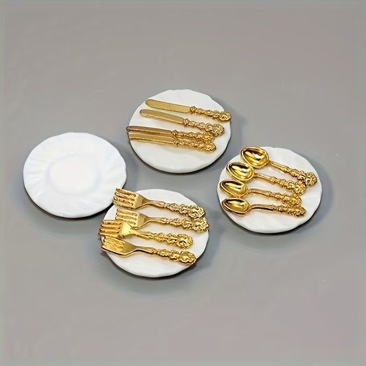 1:12 Dollhouse Plates & 16 Metal Cutlery - Porcelain Plate Set Decoration