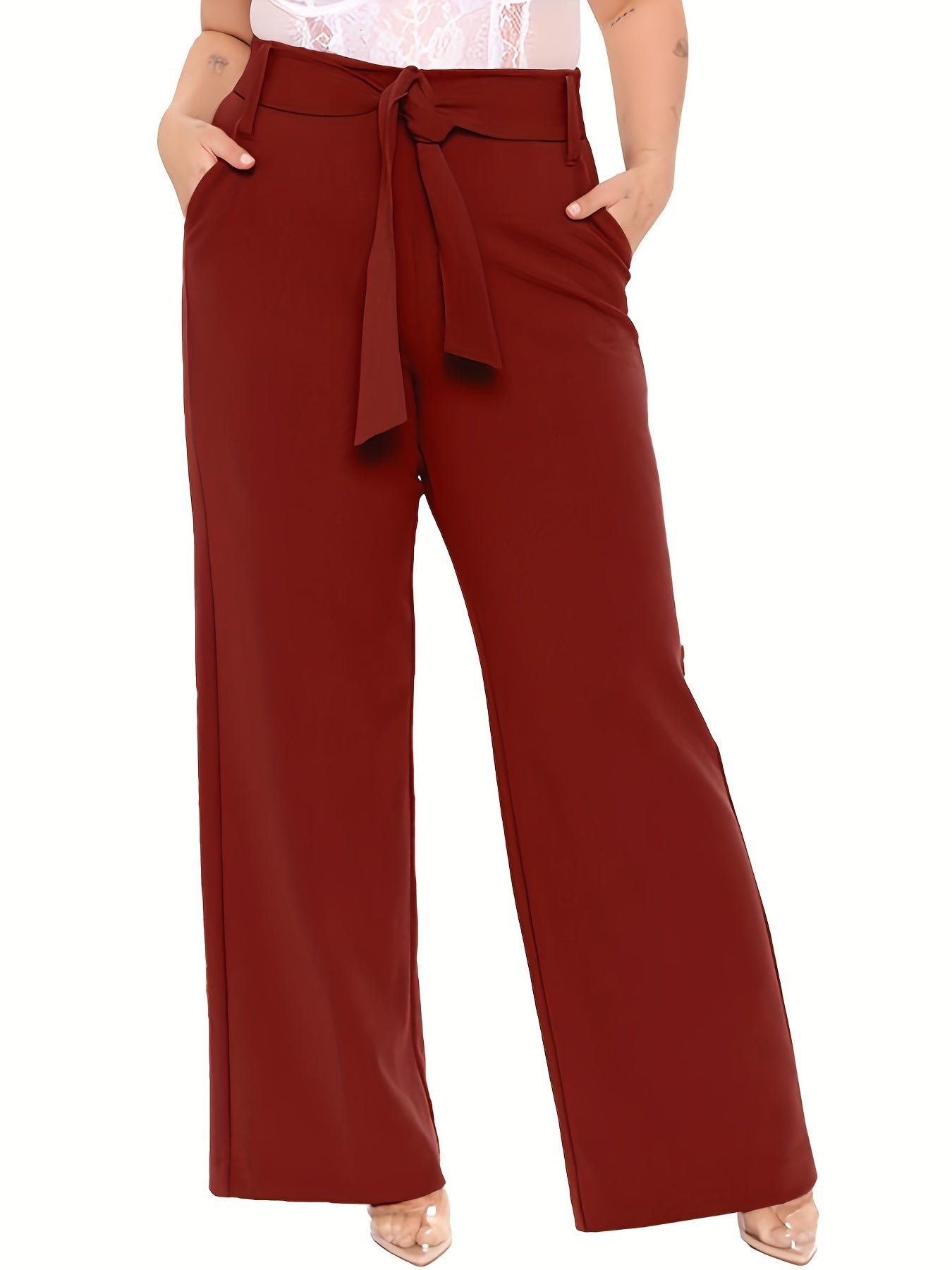  Wide Leg Trousers With Belt & Pockets